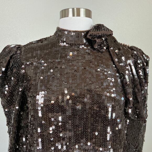Mac Duggal Sequined Long Sleeve A-Line Midi Cocktail Dress Brown Size 2 - Picture 8 of 12